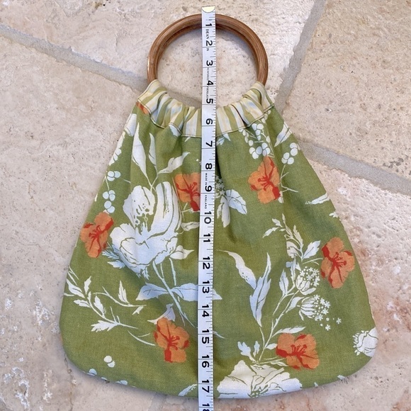 Linen Wood Handle Handbag Purse Womens tote stripes floral round handle knitting - Picture 6 of 7